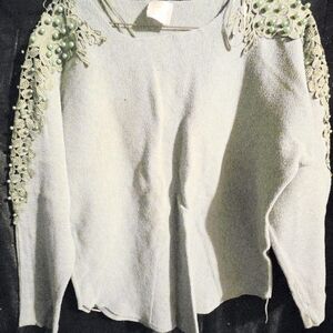Elegant Green Sweater with Lace and Bead Details